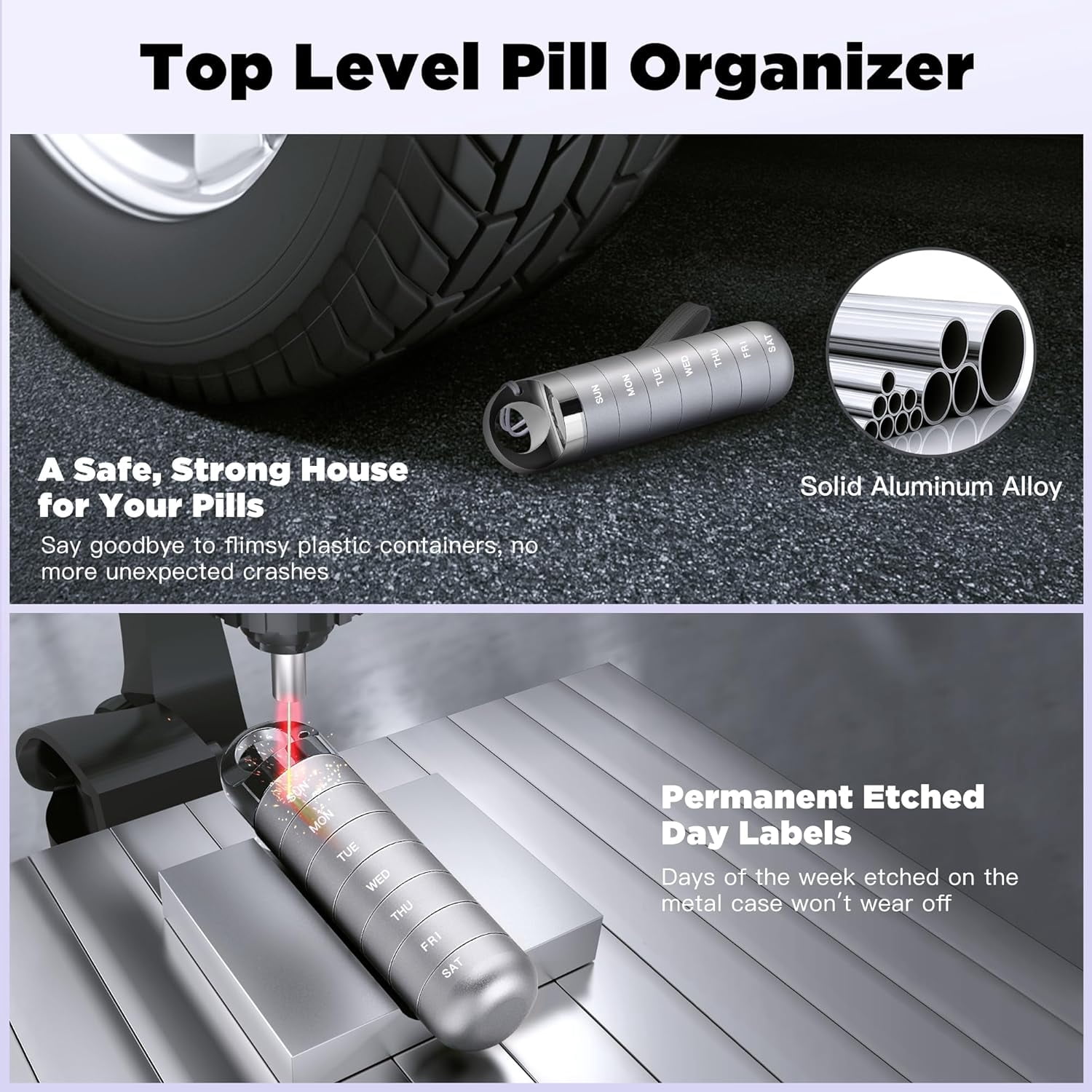 Metal Travel Pill Organizer, Portable Waterproof Weekly Pill Box, Large Aluminum Alloy Pill Case Container, BPA Free 7 Day Daily Medicine Organizer Holder for Vitamin, Fish Oil, Supplement