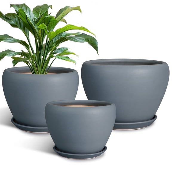 Flower Pots 6 8 10 inch, Round Ceramic Planter Set with Drainage&Saucer, Modern Pots for Indoor & Outdoor Plants Living Room Accent Gray