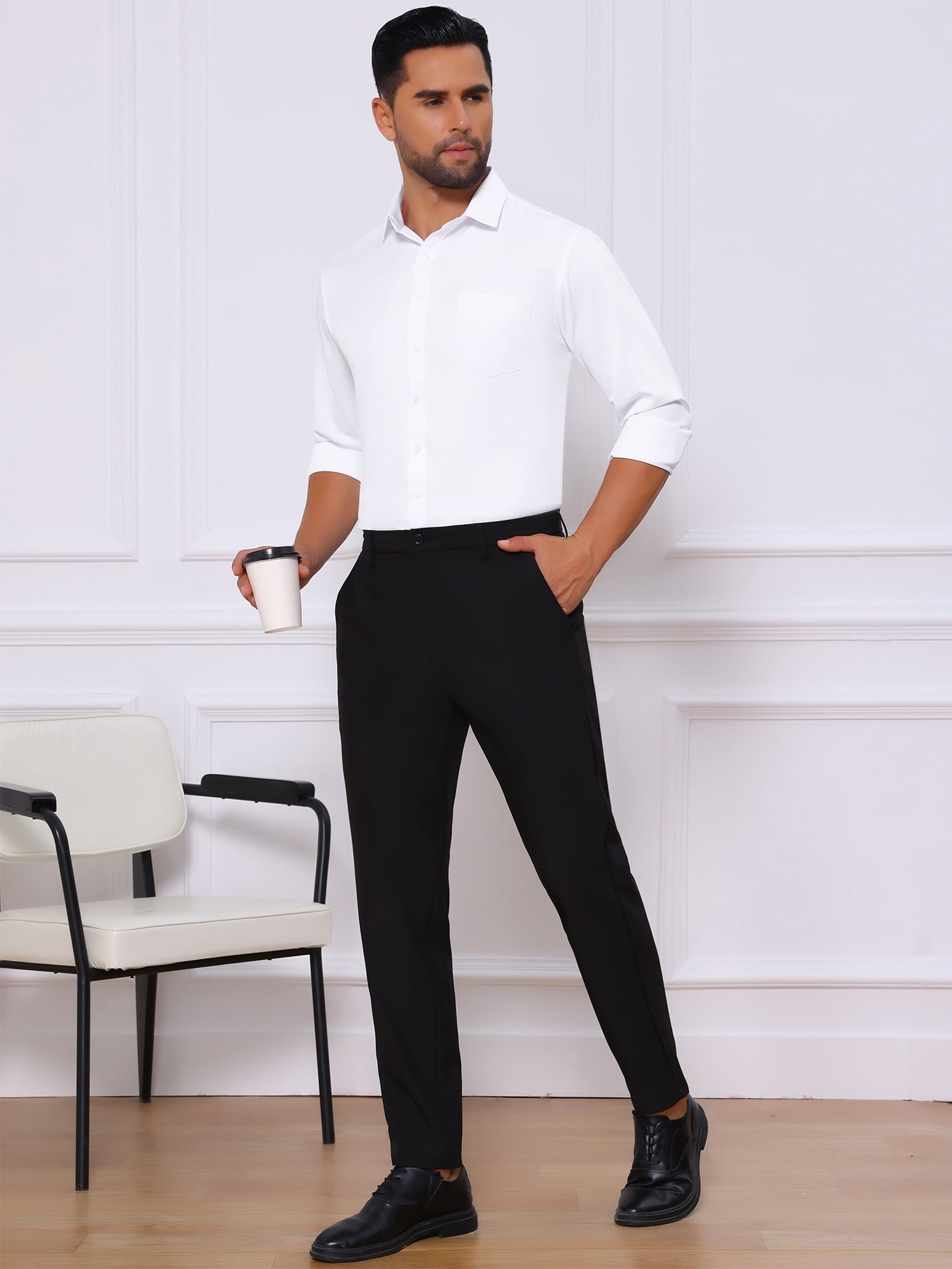 DARING DIVA Men's Point Collar Button Long Sleeve Business Shirts L White