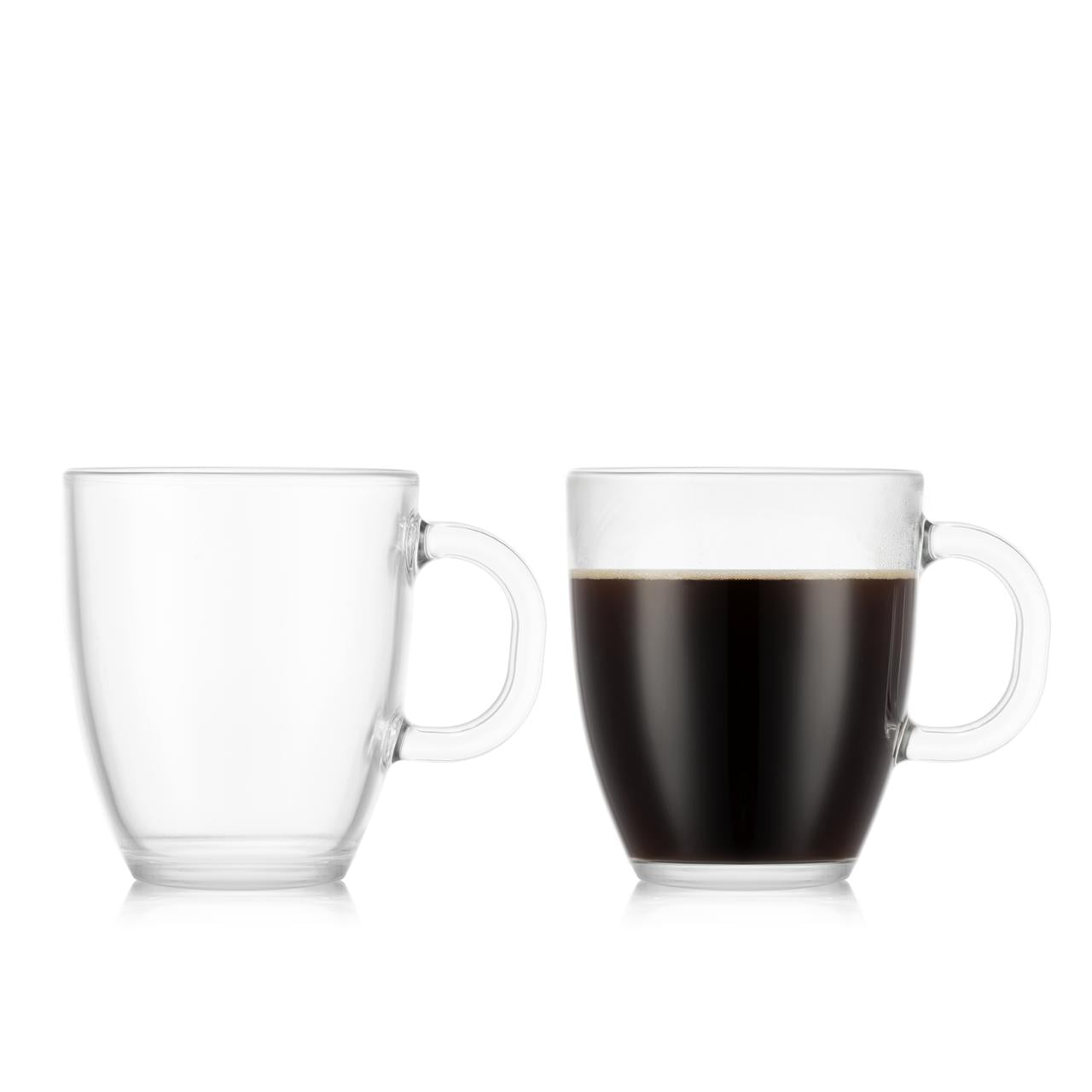 BODUM 2 Pack Single Wall Bistro Mugs, Tempered Glass, 12 Ounce, Clear