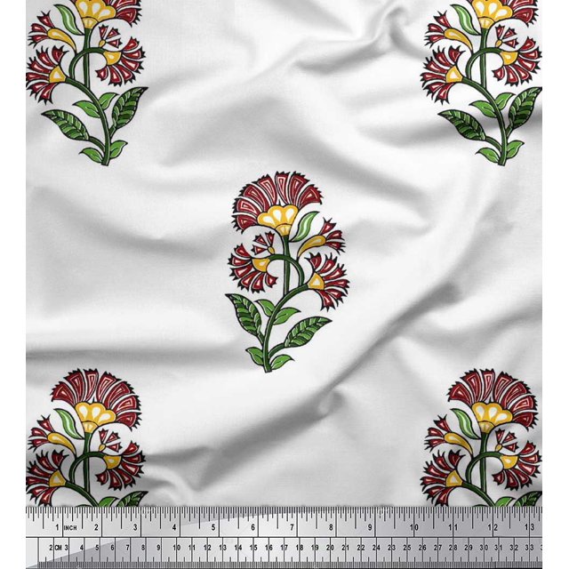 Soimoi Polyester Crepe Fabric Leaves & Floral Block Print Fabric by The Yard 52 Inch Wide