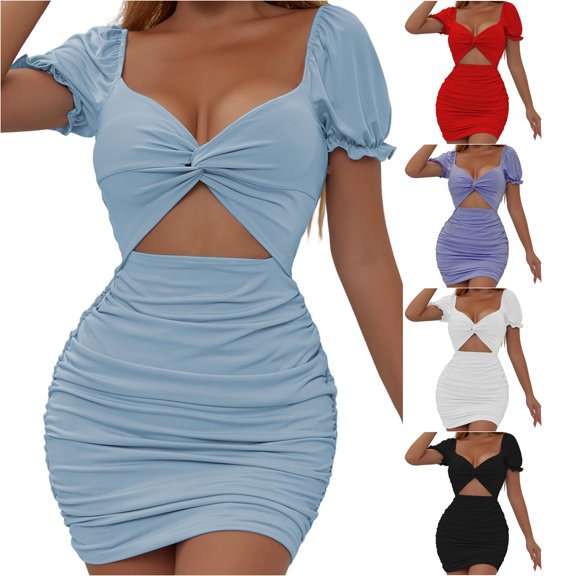 ZHOGXU Women's Dresses Puff Sleeve V Neck Front Hollow Out Solid Color Elegant Comfortable Slim Fit Dress For Party Wear,Light Blue,Xs