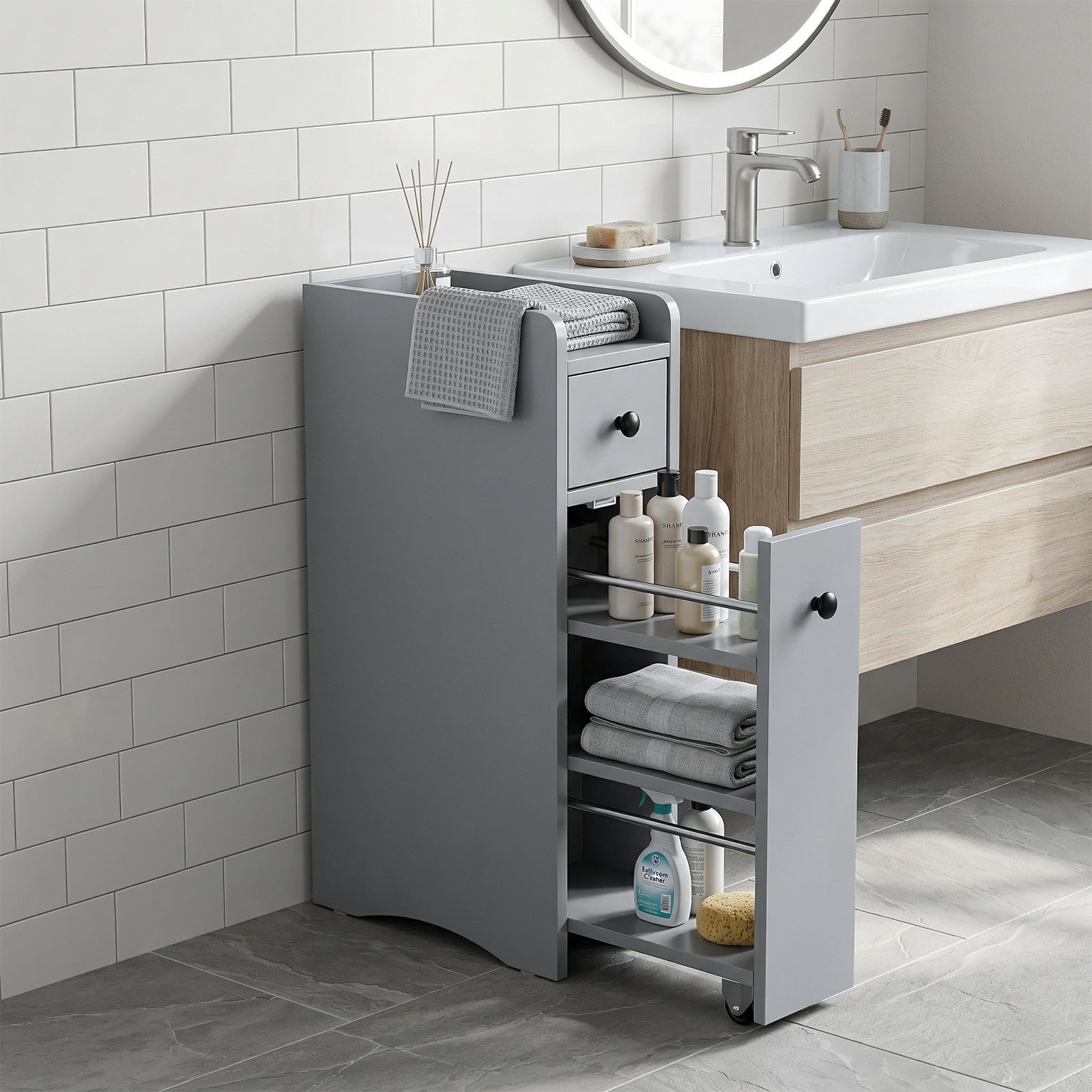Slim Bathroom Tall Cabinet 18cm Width with 2 Drawers, Pull-Out Wheeled Rack & Guarded Bottom Shelf Moisture-Resistant Melamine for Toilet Sink Washing Machine Narrow Spaces