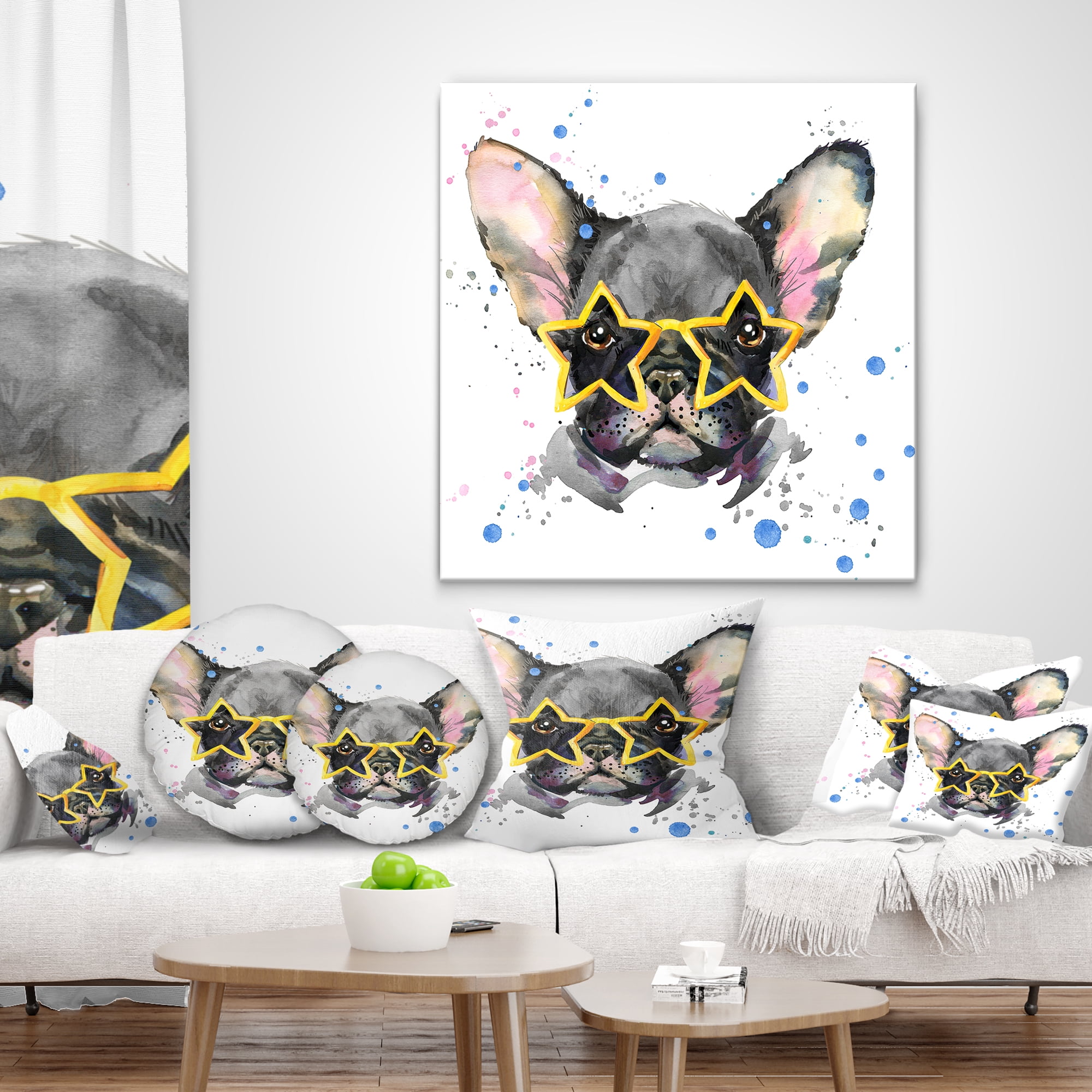 Designart Black French Bulldog with Stars - Animal Throw Pillow - 16x16
