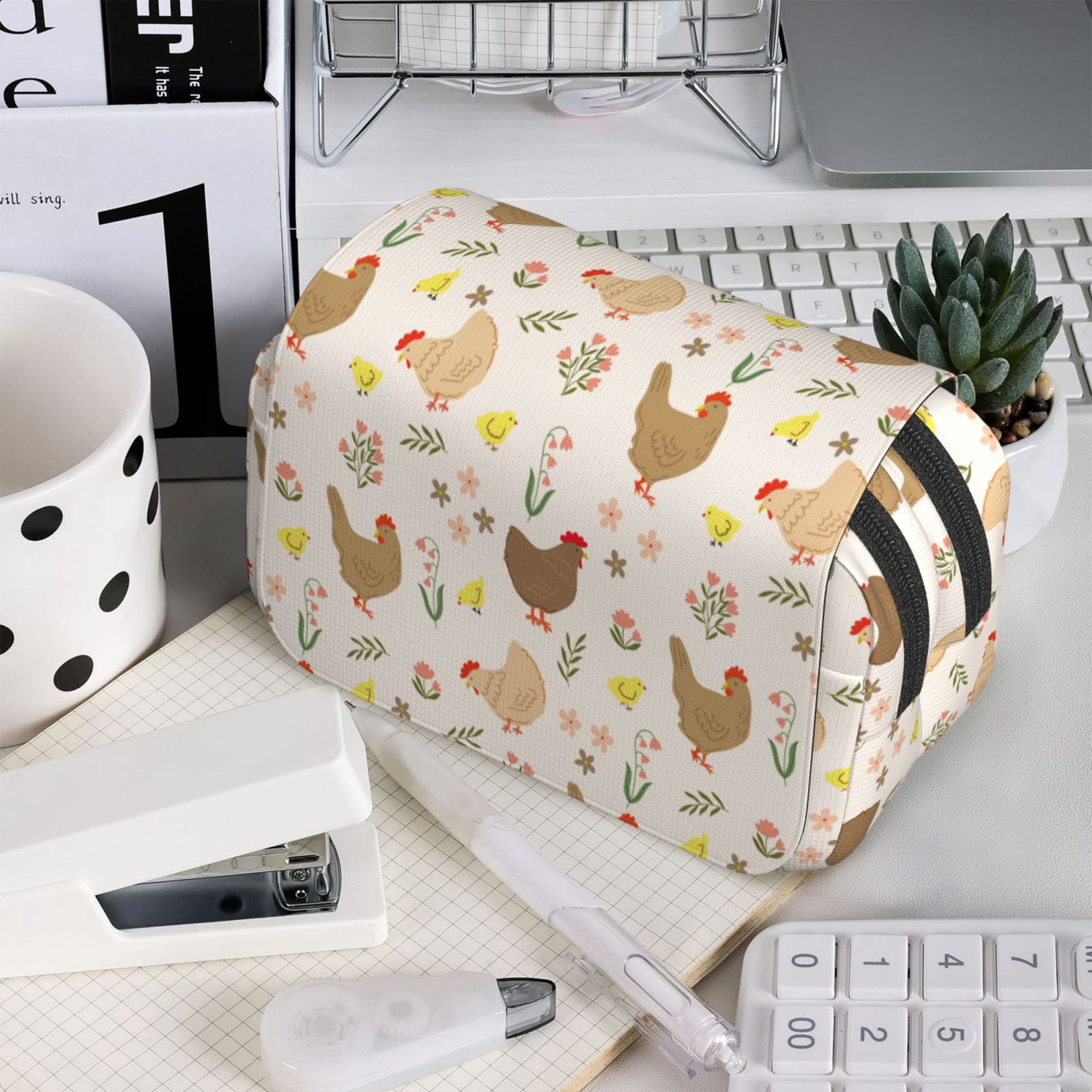 Rateoe Chicken Family Pattern Double Clamshell Pen Case, Storage Organizer with Two Zipper Compartments– Holds Up to 50 Pencils & Pens
