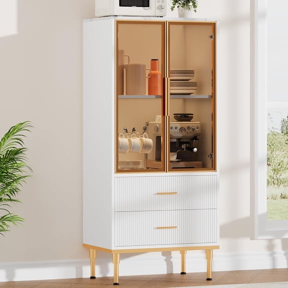 Fluted Storage Cabinet – Glass Door with 2 Drawers, Adjustable Kitchen Pantry & Display Storage for Collectibles, Living Room, Office, White