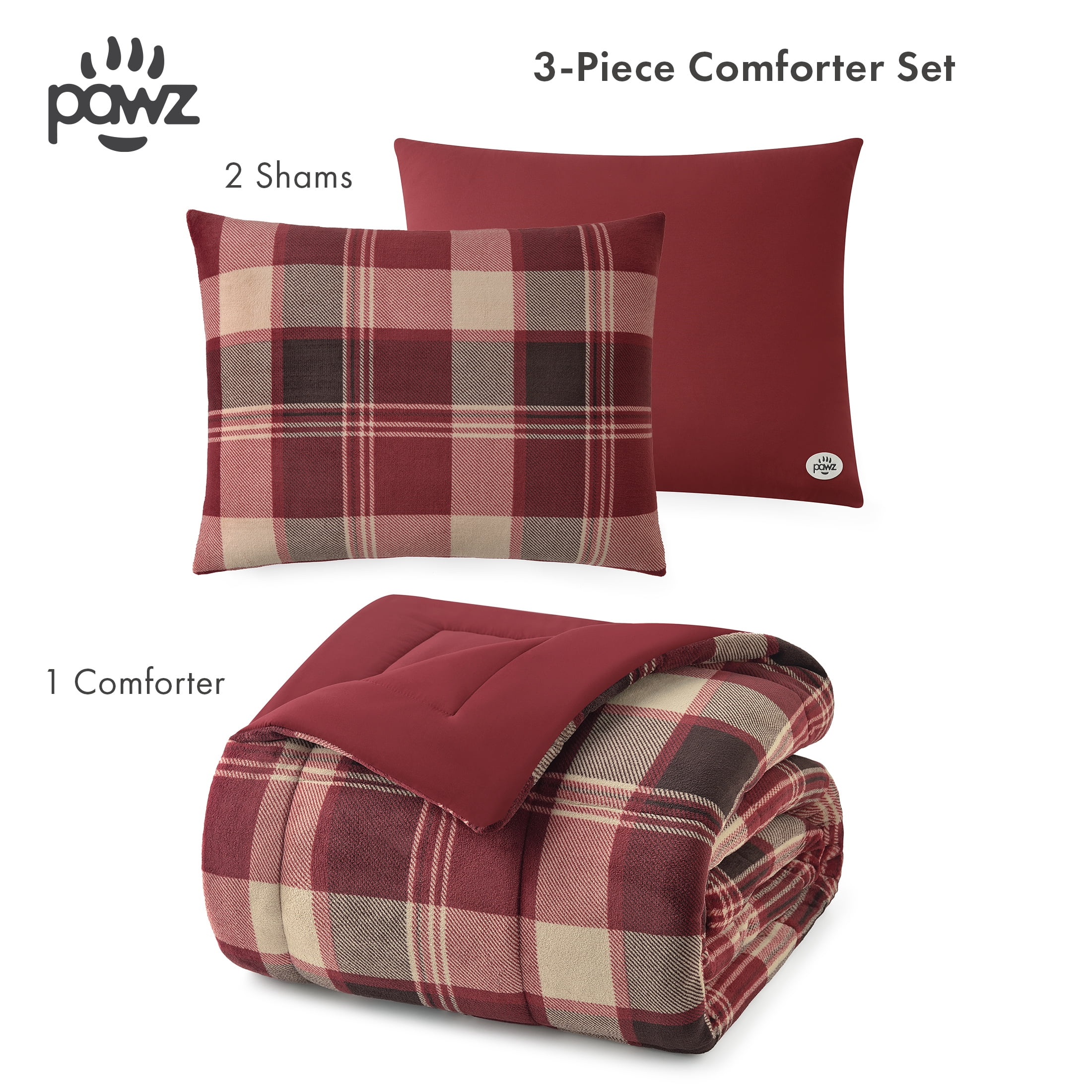 Pawz 3-Piece Fleece Comforter Set with Pillow Shams, Soft and Warm, Red Plaid, King
