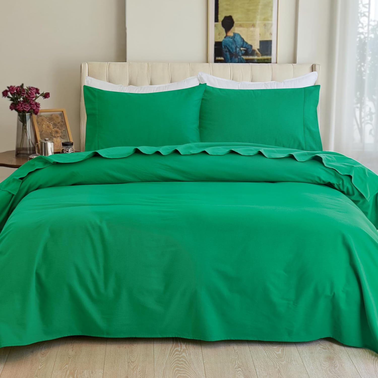Elegant Comfort Soft 4-Piece Cotton Flannel Sheet Set -Deep Pocket Fitted Sheet, Flannel Sheets - Queen, Emerald Green