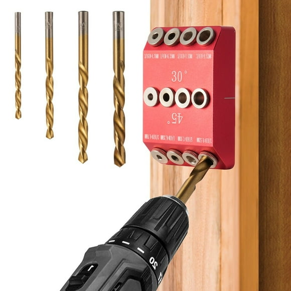 Angle Drill Guide Jig, 30°/ 45°/ 90°Drill Jig with 4-Size Bits, All-Metal Drilling Jig for Straight and Angle Holes, Portable Hole Jig for Deck Railing / Stair Handrail / Cable Railing Lag Screw Kit