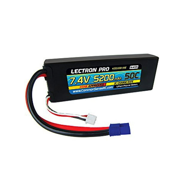 Lectron Pro 7.4V 5200mAh 50C Lipo Battery with EC3 Connector for 1/10 Scale Cars, Trucks, and Buggies