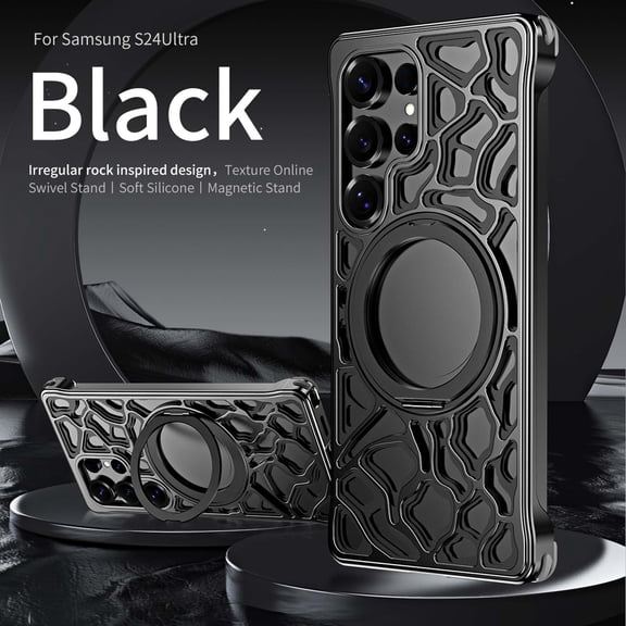 for Samsung Galaxy S24 Ultra Heat Dissipation Case,Frameless Metal with Stand,Irregular Rock Inspired Designing,360°Rotating Ring Kickstand Protective Cover,Slim Shockproof Thin Bumper Case,Black
