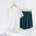 thumbnail image 2 of 2 Piece Pajamas Set Modal Cotton Short Sleeve V Neck Top with Ruffled Shorts Womens Soft Pjs Outfits Loose Sleepwear (XL, White+Green), 2 of 6