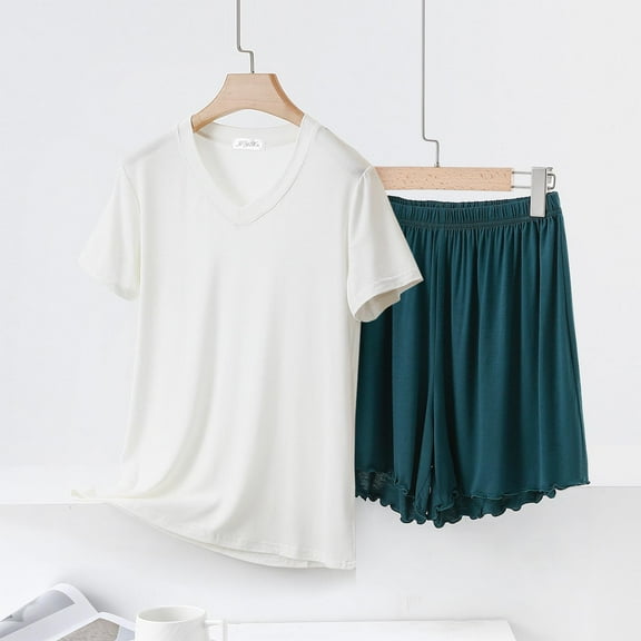 pstuiky Pajama Sets for Women Fashion Solid Color Lace Pajama Sets Casual Loose Fit V-Neck Short Sleeve Sleepwear with Shorts Plus Size Sleepwear Army Green L