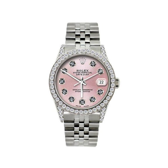 Pre-Owned Rolex Datejust Diamond Watch, 36mm, Stainless Steel Red Light Pink Dial w/ Diamond Bezel and Lugs