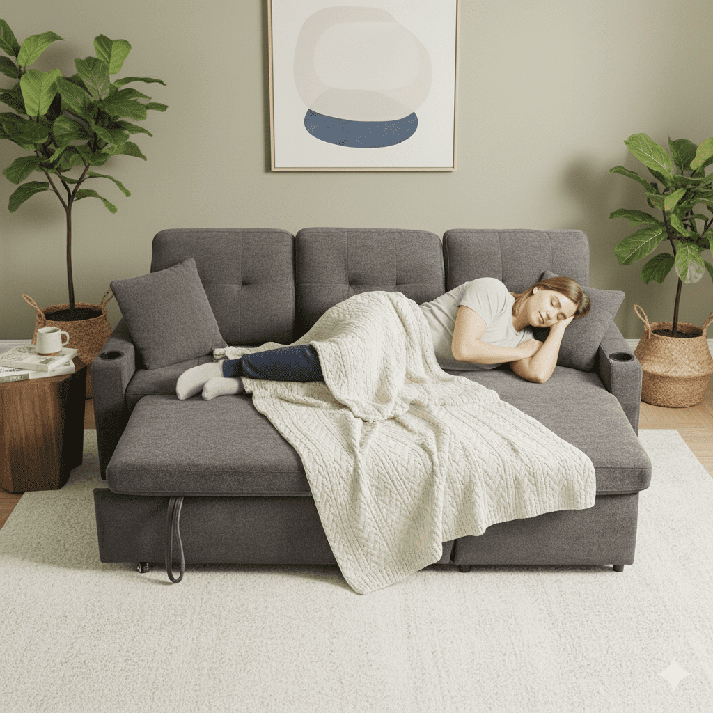 Convertible Sectional Sofa Bed, 82in Sleeper Sofa Bed with Storage Chaise for Living Room, Pull Out Couch L Shaped Sofa with USB Charging Port, Cup Holder, Removable Backrest, Teddy Fabric, Gray