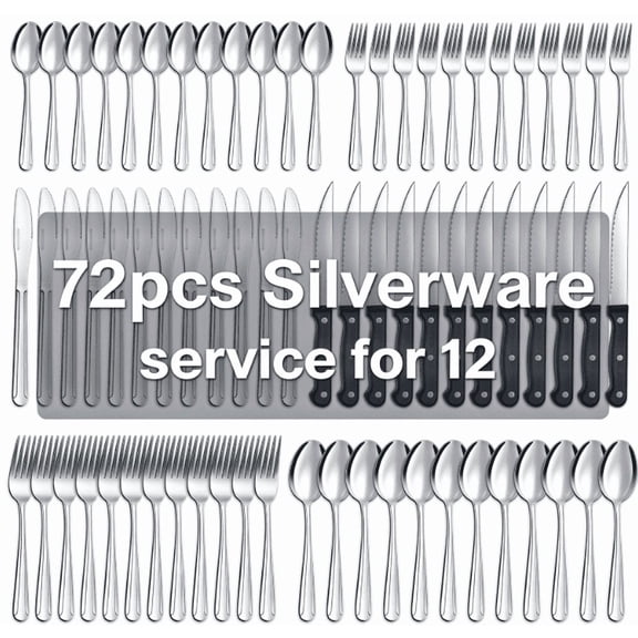 Bestdin Silverware Set with Steak Knives 72 pieces,Silverware Stainless Steel Cutlery Set for 12, Flatware Set Mirror Polished, Tableware Set for Home Kitchen Restaurant Hotel, Dishwasher Safe
