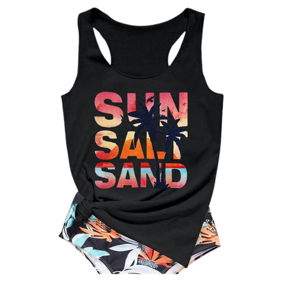 Fshinging Basic Cute Women Tank Top Summer Floral Print Sleeveless Letter Graphic Beach Vacation Outfits 2026 Black L