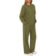 thumbnail image 5 of Nokdvo Travel Outfits for Women 2 Piece Sets Trendy Casual Long Sleeve Pullover Tops with Wide Leg Pants Crew Neck Solid Color Fall Winter Sweatsuit Set with Pockets,Army Green L, 5 of 6