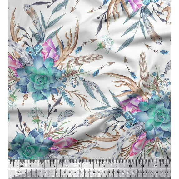 Soimoi White Cotton Duck Fabric Leaves,Pink & Blue Floral Print Fabric by Yard 42 Inch Wide