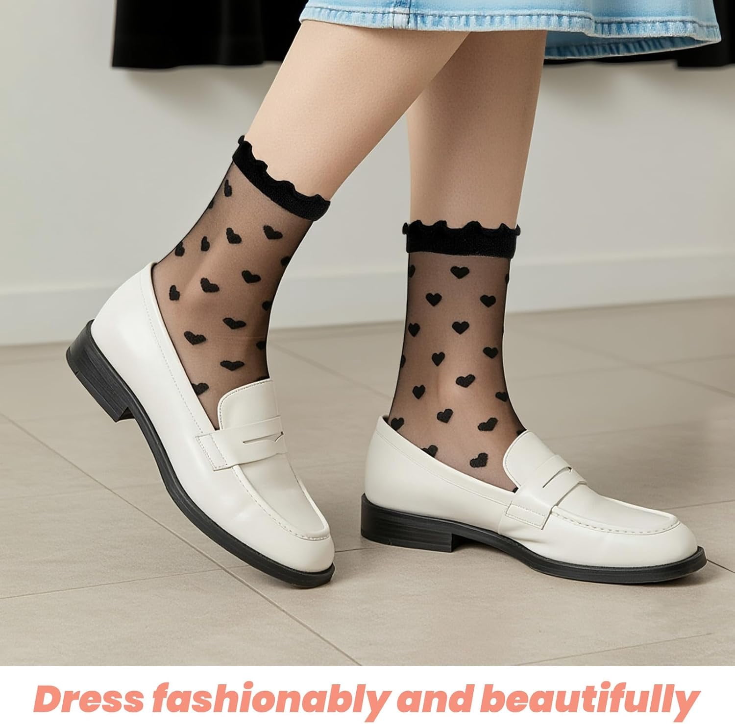 6 Pairs Women Sheer Lace Heart Ankle Socks Mesh Nylon Ruffle Socks with 6 Pairs Self-Adhesive Heel Grips Pads for Loose Shoes