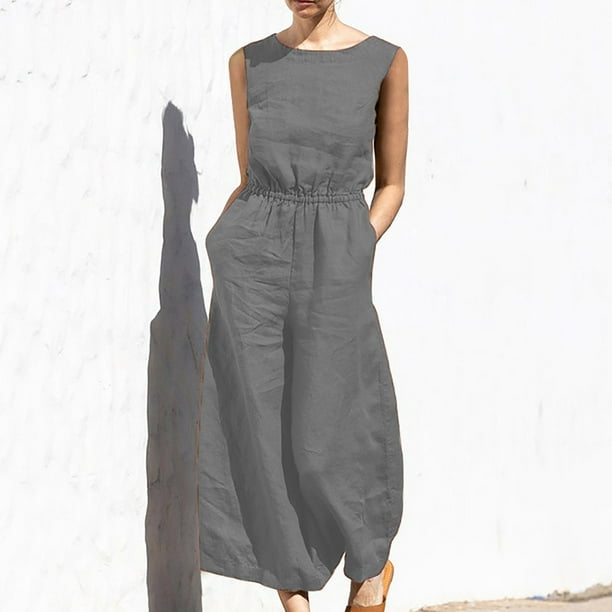 ICHUANYI Clearance Jumpsuits For Women Sleeveless Pocket Solid Color Loose Straight Pants Fashion Romper Pants(Gray, M) ICHUANYI WER2023080806058