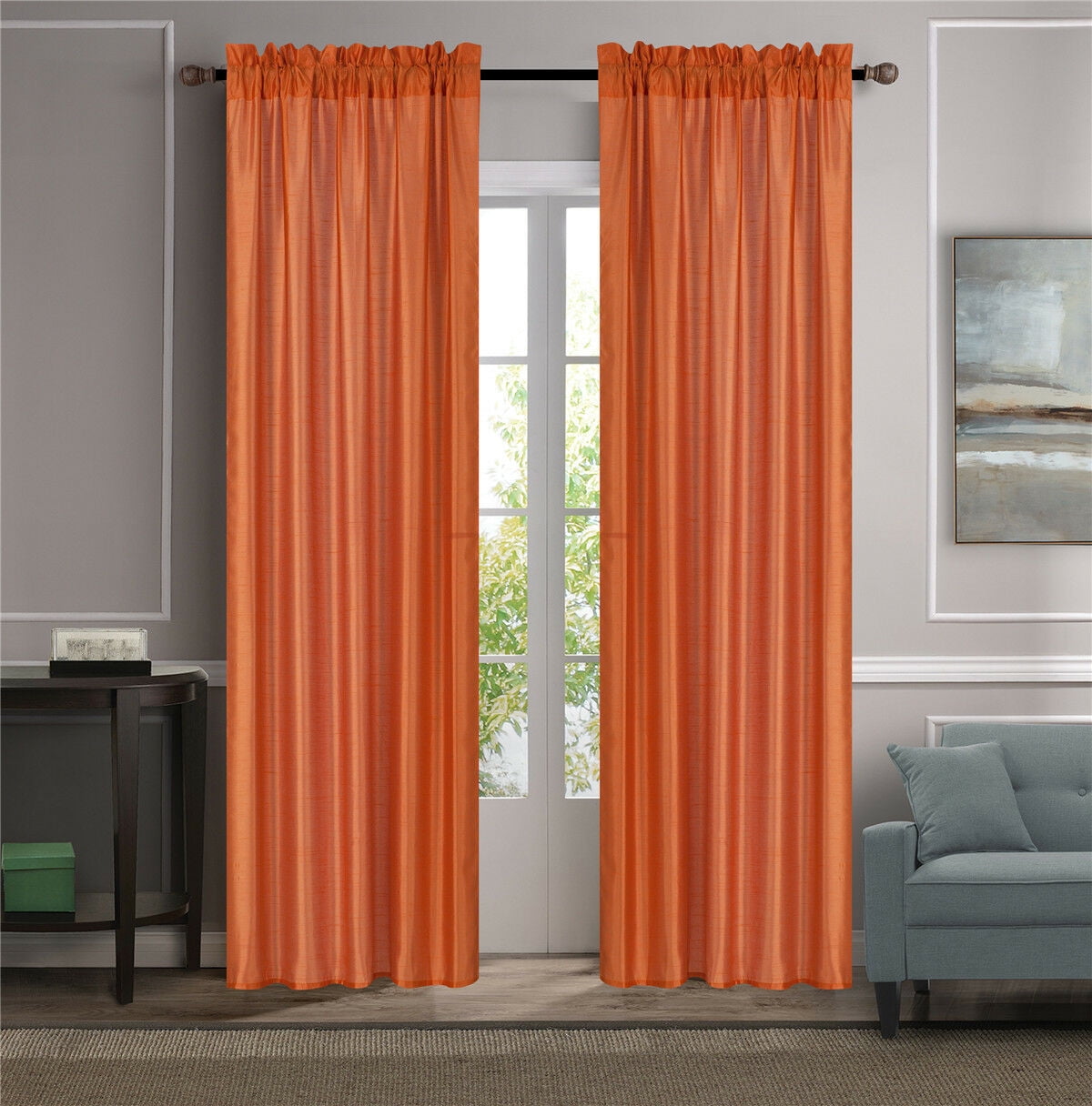 2-PC Set MR2 Orange color Rod Pocket Faux Silk Window Curtain Treatment, Set of Two (2) Solid Semi Sheer Panels 55' W x 84' L (Each)