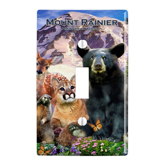Mount Rainier National Park Washington WA Animals Bear Fox Cougar Deer Wolf Plastic Wall Decor Toggle Light Switch Plate Cover
