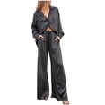 thumbnail image 1 of Timegard Lounge Outfits for Women Long Sleeve Lapel V Neck Button down Tops Drawstring Wide Leg Pants with Pockets Sets, 1 of 6