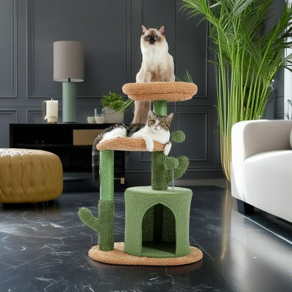 Pefilos 32 Inches Cactus Cat Tree for Indoor Cat Tower with Cat Condo for Multiple Cats, Plush Perches, Sisal Scratching Post and Fluffy Balls for Small and Medium Cats, Green