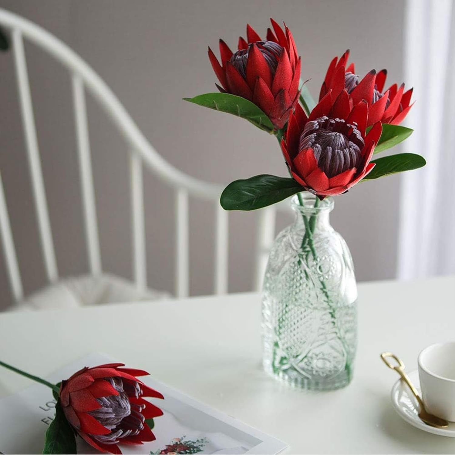 Artificial Flowers Fake Protea Cynaroides:Faux Protea Flower Arrangements,Silk Flowers for Home Decor Indoor Wedding Table Centerpieces,3pcs (Red)