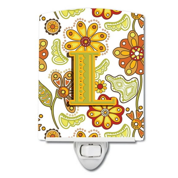 Caroline's Treasures CJ2003-LCNL Letter L Floral Mustard and Green Ceramic Night Light, 6x4x3", multicolor