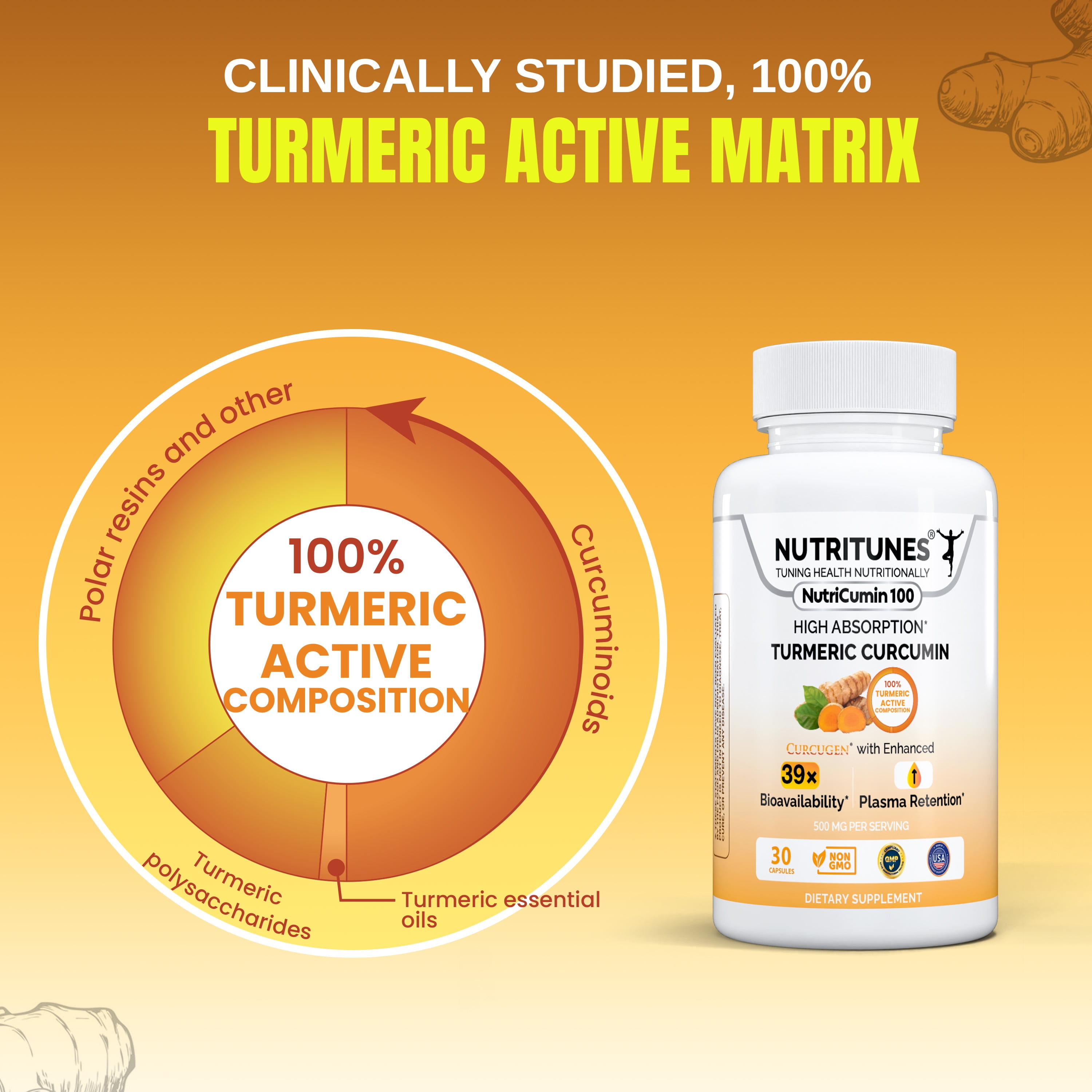 Turmeric Curcumin Supplement for Joint, Gut & Mood Support–39X Absorption – 100% Turmeric Matrix – Vegan, Non-GMO, Clean Label – 500mg – 30 NutriCumin 100 Capsules