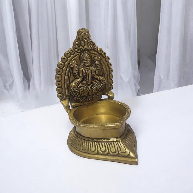 Brass Maa Lakshmi (Laxmi) Ji One Wick Oil Lamp Temple Décor Handcrafted Metal Diya For Diwali Gift-4.3 Inch
