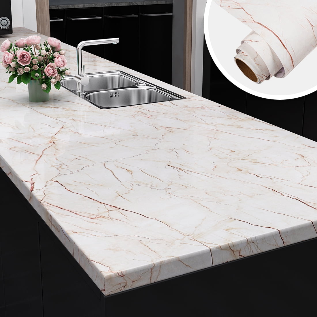 Yenhome White/Brown Marble Countertop Paper Peel and Stick Marble Wallpaper for Kitchen
