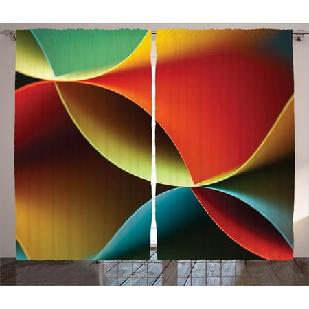 Graphic Curtain Panels Abstract Decor Curtains 2 Panels Set, Graphic Curved Origami Design with Colored Details Artwork, Window Drapes for Living Room Bedroom, 108W X 90L Inches, Orange Blue White and Red, by Ambesonne ()