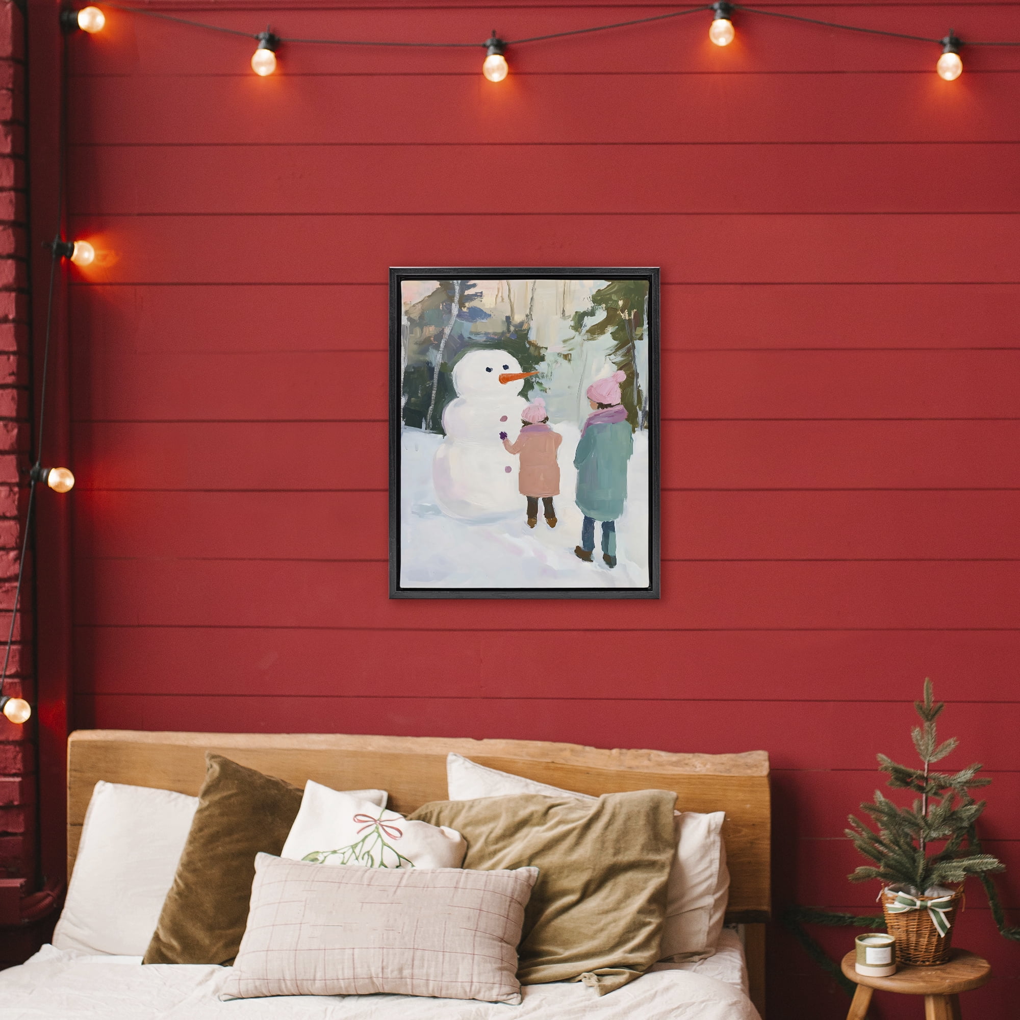 Stupell Industries Two Girls With Snowman Black Framed Floater Canvas Wall Art, design by The Prints Vibe