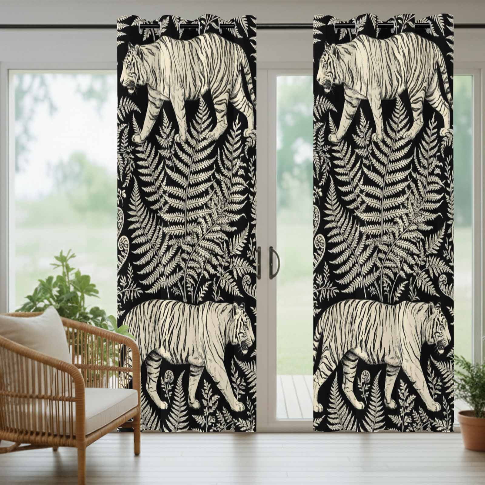 Jungle Tiger Fern Outdoor Curtains for Patio, Black and Beige Tropical Leaves Wildlife Sunshade Privacy Drapes Grommet Waterproof Outside Curtains for Porch/Cabana/Balcony 54"x 108", 1 Panel