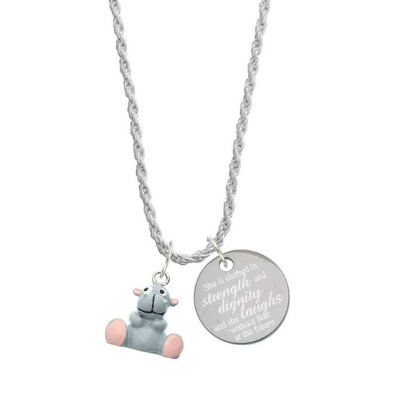 Delight Jewelry Resin Grey Hippopotamus Honey She is Clothed in Stength and Dignity Charm Necklace, 20" 3"