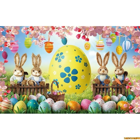 Spring Happy Easter Photo Backdrops Baby Shower Party Portrait Banner Bunny Rabbit Gard Grass Easter Eggs Background Props