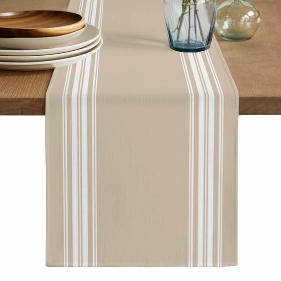 Beige Striped Table Runner, Farmhouse Luxurious White Stripes Modern Abstract Art Cotton Linen Table Runners 36 Inches Long, Dresser Scarf Runner for Nightstand/End Tables/Round Tables 13''x36''