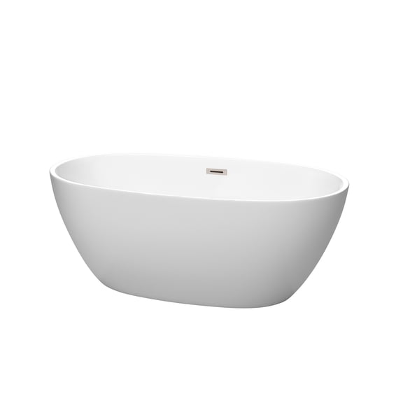 Juno 59 Inch Freestanding Bathtub in Matte White with Brushed Nickel Drain and Overflow Trim