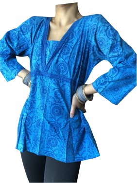 Mogul Women Short Tunic Top Egyptian Blue Printed Blouse Summer Short Kurti M