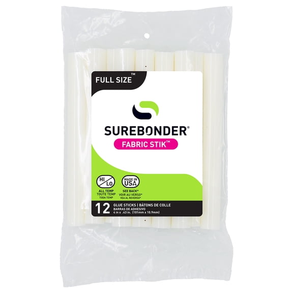 Surebonder Fabric Hot Glue Sticks, Full Size, 4-Inch, Machine Washable Adhesive for Denim, Felt, Leather, and More – Strong, Flexible Bond, 12 Pack, White
