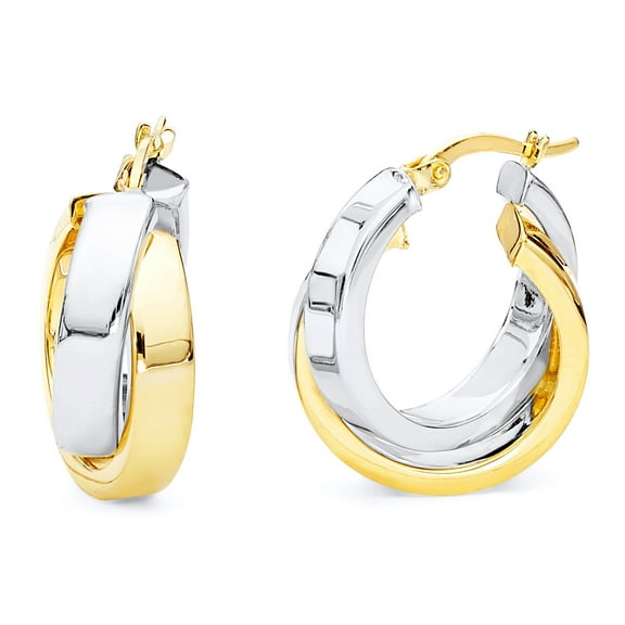Wellingsale Ladies 14k Two 2 Tone White and Yellow Gold Polished 11mm Crossed Hoop Earrings (19 x 19 mm)