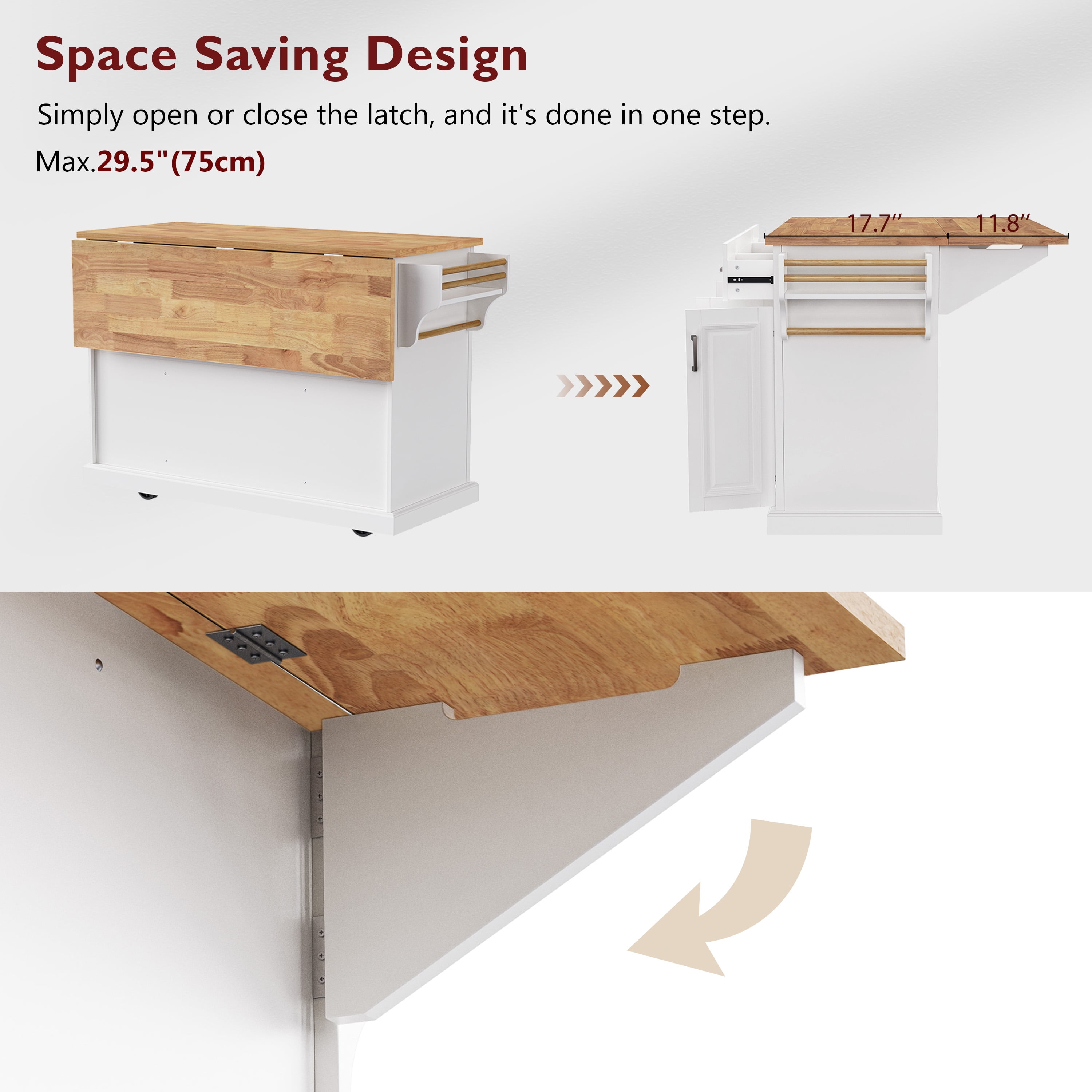 Yoneston 54" Large Kitchen Island with Drop Leaf, Rolling Kitchen Cart with Towel Rack Spice Rack and 4 Doors and 3 Drawers for Kitchen, Dining Room, White