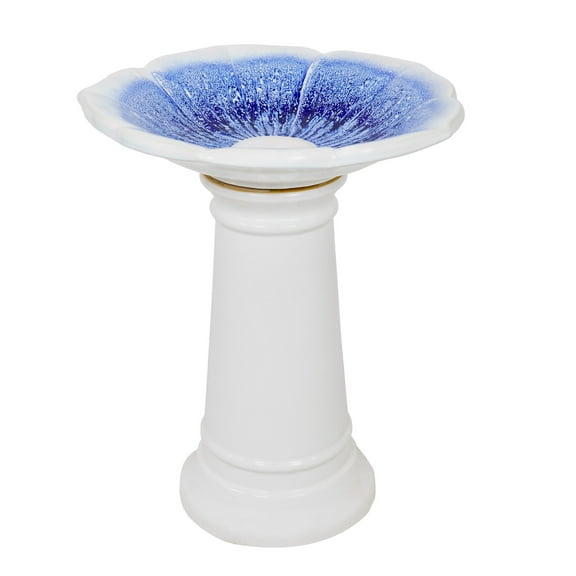Sunnydaze Misty Blossom Freestanding Ceramic Outdoor Bird Bath, UV-Resistant White and Blue Finish
