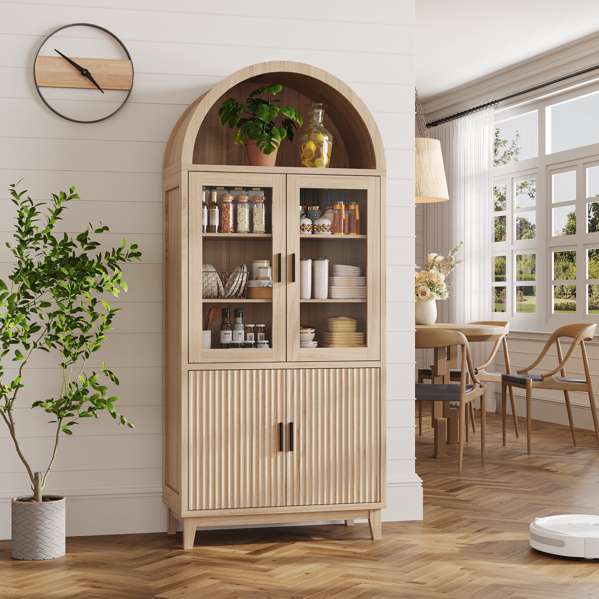 VEANERWOOD 71" Tall Arch Cabinet, Wood Fluted Kitchen Kitchen Storage Cabinet with 4 Doors and 6 Shelves for Dining Room Living Room