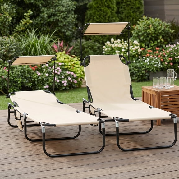 Zateety Folding Chaise Lounge Pool Chairs, Outdoor Sun Tanning Chairs with Canopy Shade, Reclining Back, Steel Frame and Side Pocket for Beach, Yard, Patio, Tan