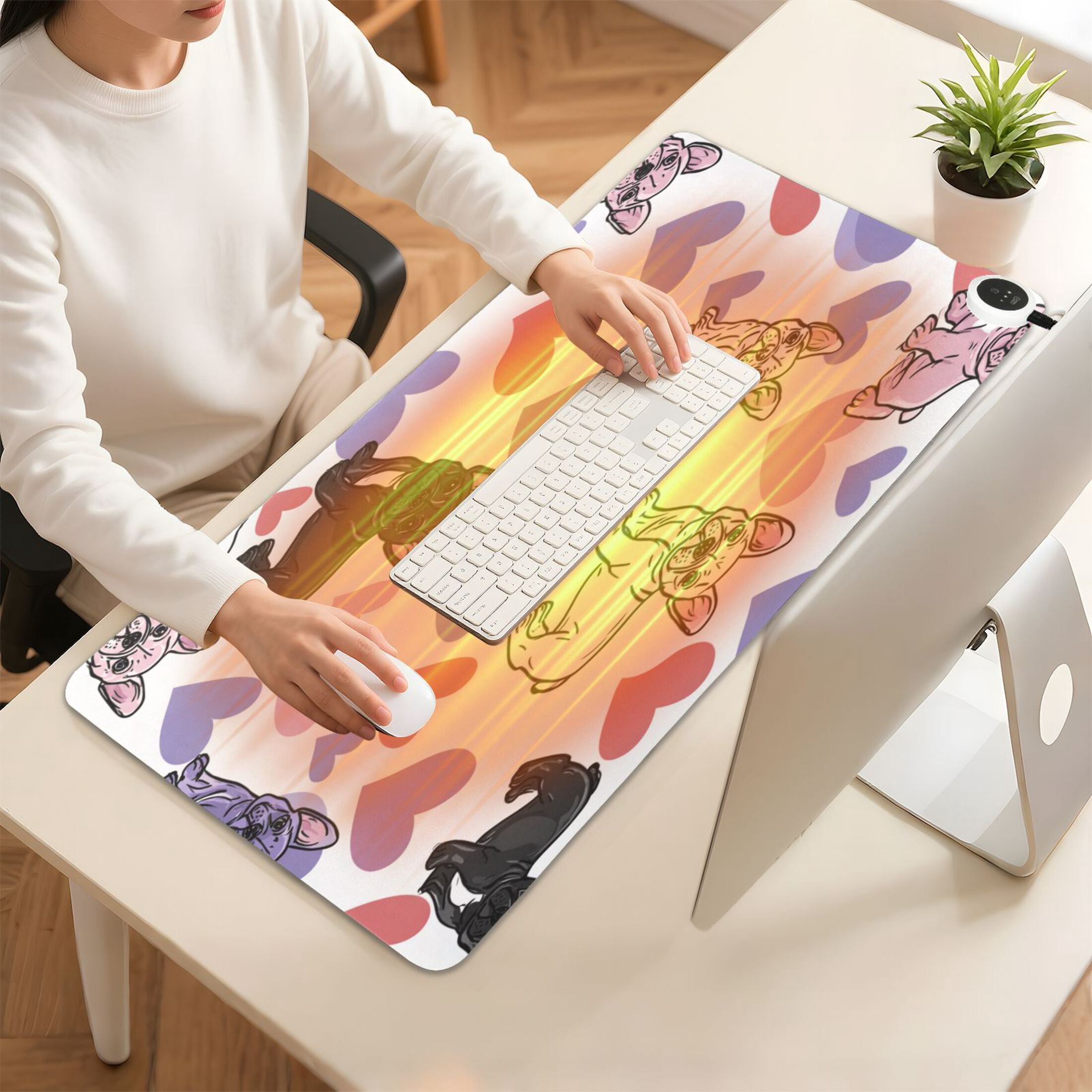 Large Heated Desk Mat Mouse Pad 31.5"x13"PU Leather Graphene Heating Desk Warmer with 3 Temperature Settings 110V US Plug Non-Slip Warm Pad for Home, Office, and Gaming Cute Frenchie Heart Background