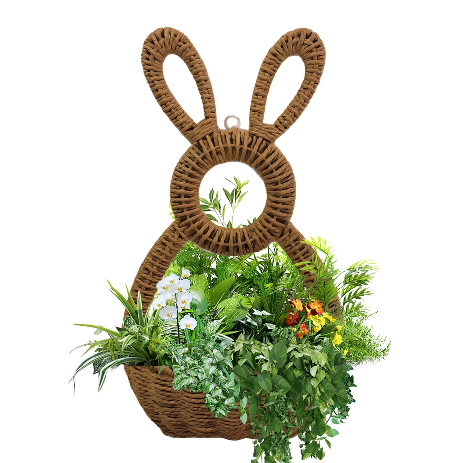 Bxaolu Bunny Basket Hanging Wall Pocket Spring Decor,Handwoven Spring Summer Bunny Wall Basket, Wicker Easter Baskets Rabbit DIY Handmade Wreath for Front Door Home Decor